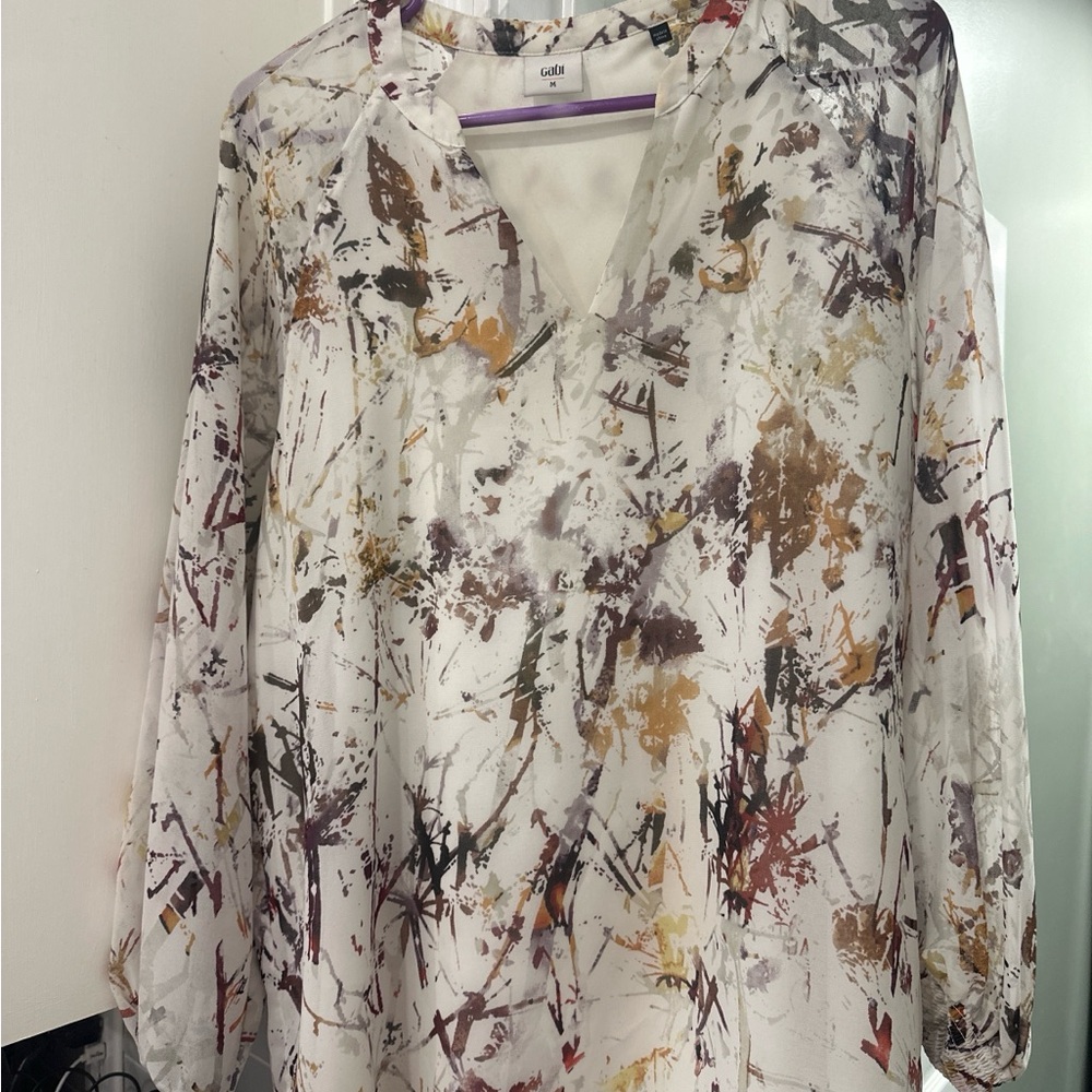 CAbi Women's Blouse with Abstract Print - White, Brown, and Gold